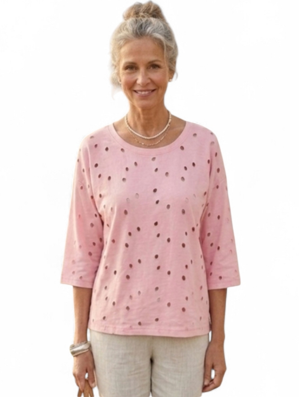 LOFT Pink Floral Eyelet Cutout Knit Top Petite Large LP Coastal Grandma